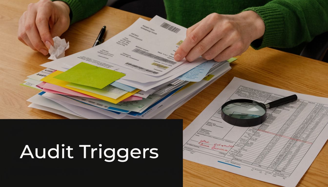 A person reviewing business financial documents and invoices on a desk to identify potential audit triggers.