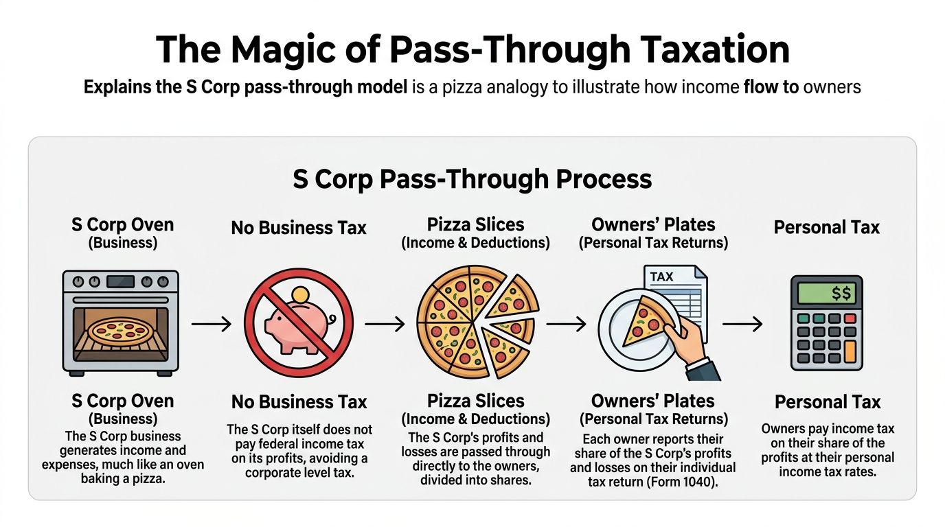 An infographic showing a pizza analogy to explain how S Corp pass-through taxation works for business owners.