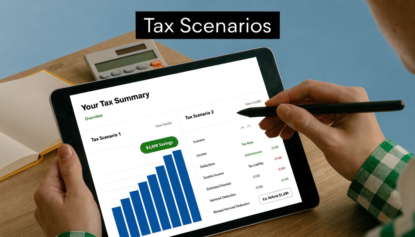 A person using a stylus on a tablet screen showing a digital tax summary comparison chart.