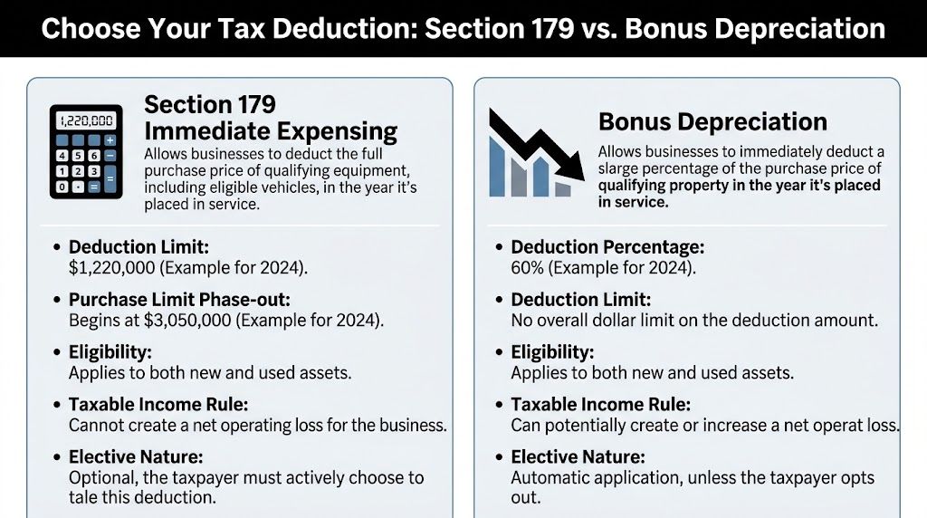 A comparison chart outlining the key differences between Section 179 and Bonus Depreciation for business tax deductions.