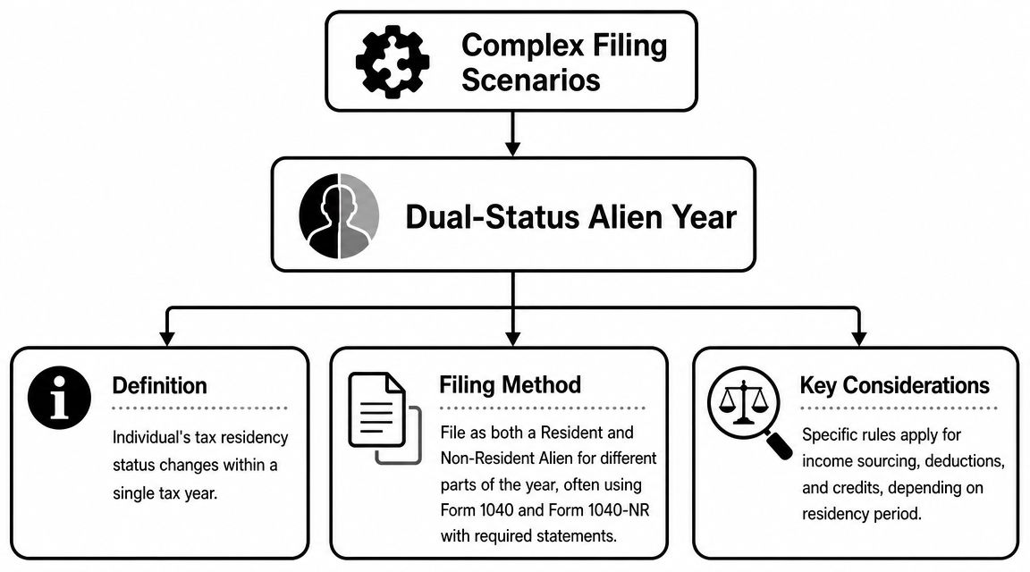 A flowchart explaining the tax implications and filing requirements for a dual-status alien tax year.
