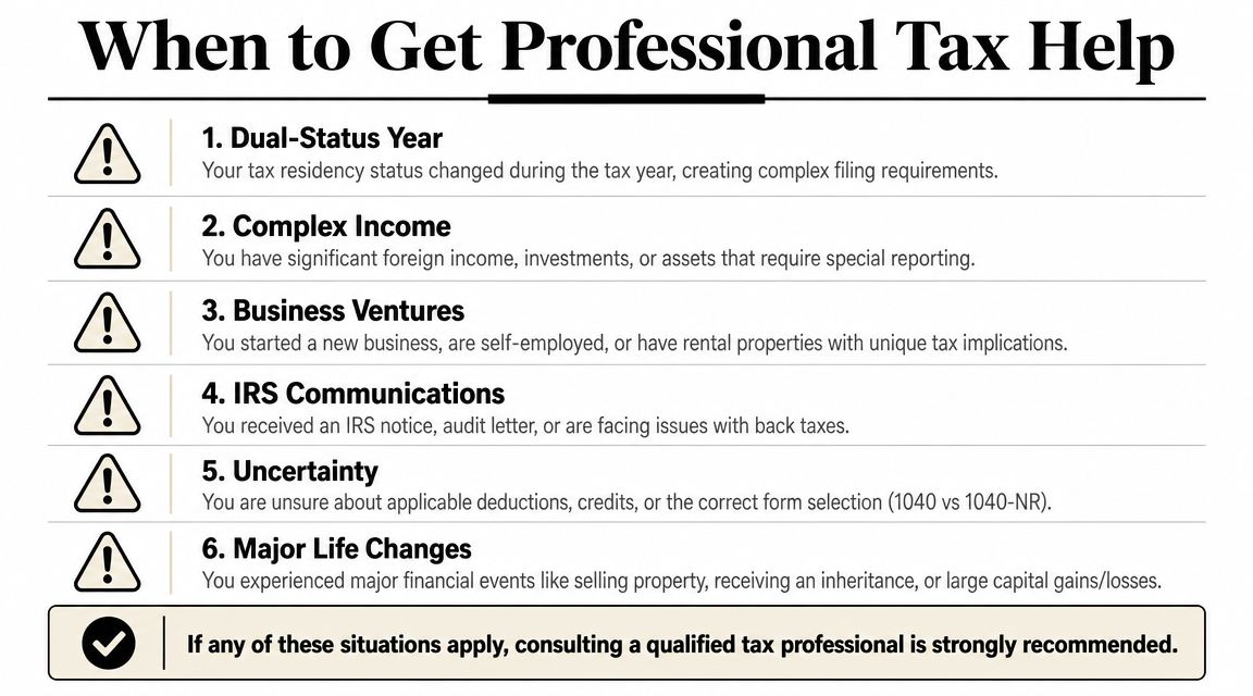 An infographic list outlining six key situations when taxpayers should seek professional help for their tax filings.