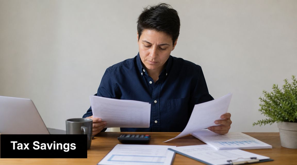 A person in a dark blue shirt reviewing tax documents while sitting at a desk with a calculator.