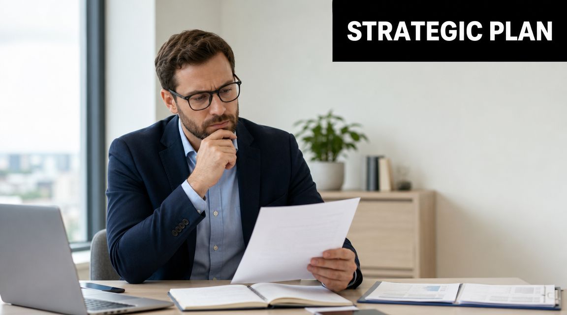 A professional man in a business suit reviewing strategic plan documents at his desk in an office.