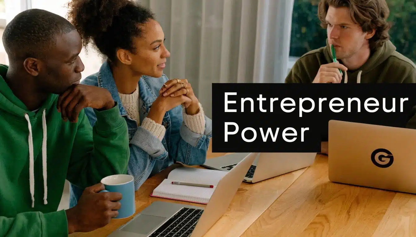 A diverse group of three young entrepreneurs collaborating on business projects at a wooden table together.