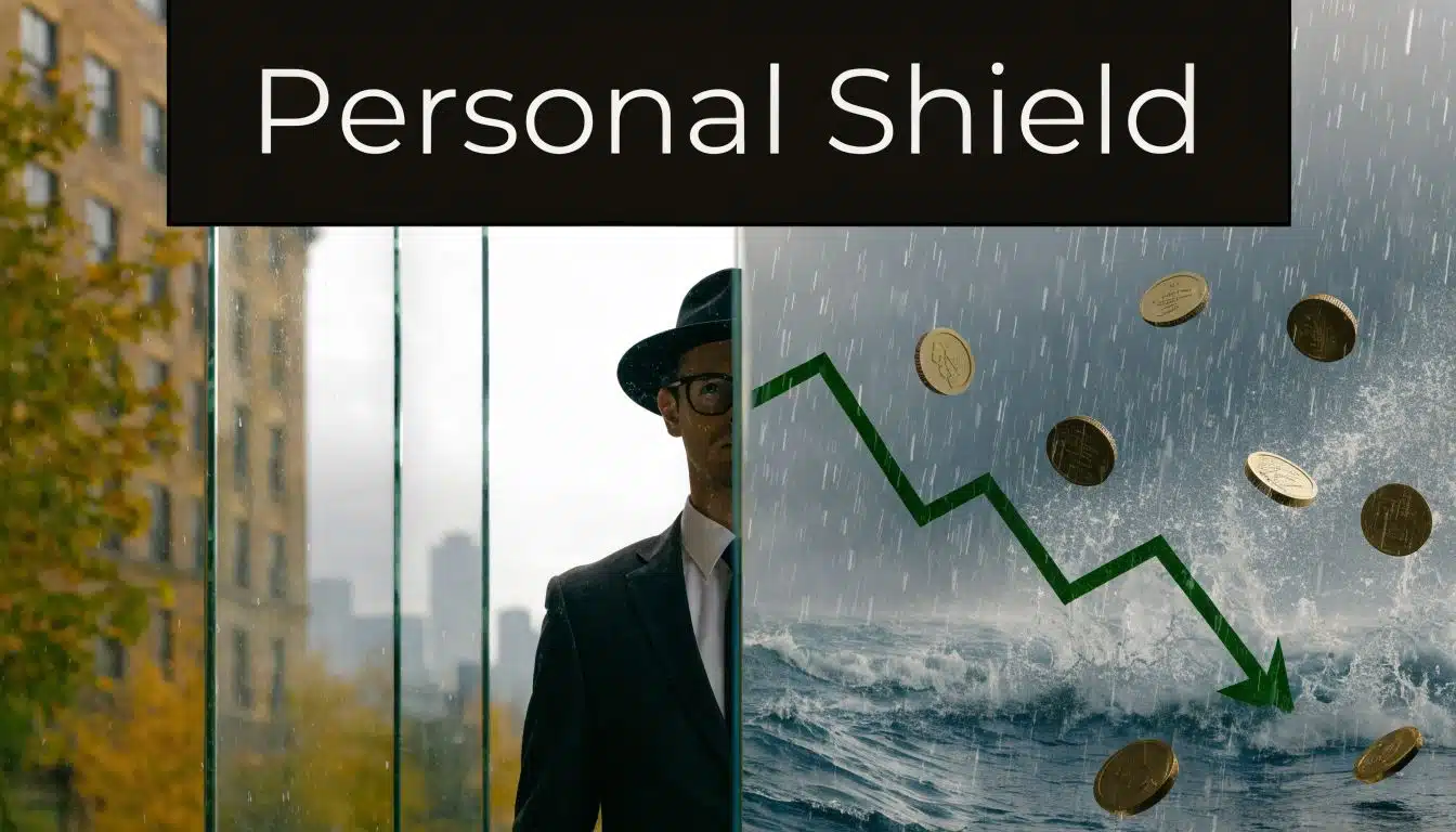A businessman stands behind a glass pane separating a calm city street from a stormy financial market.
