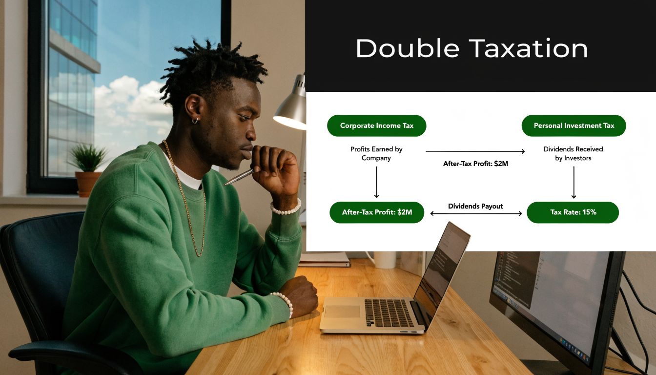 A man working at a laptop next to a diagram explaining the double taxation of corporate dividends.