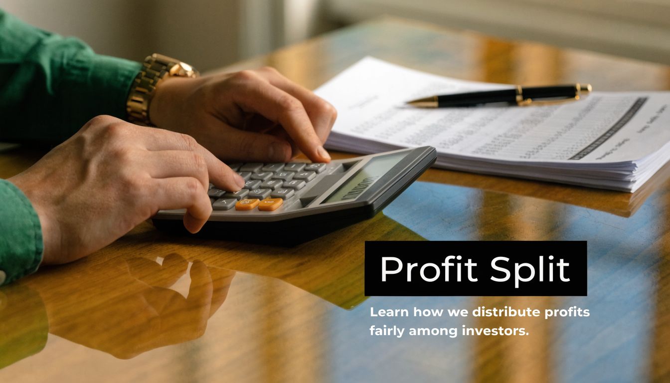 A person using a calculator to calculate financial data with business documents resting on a wooden desk.