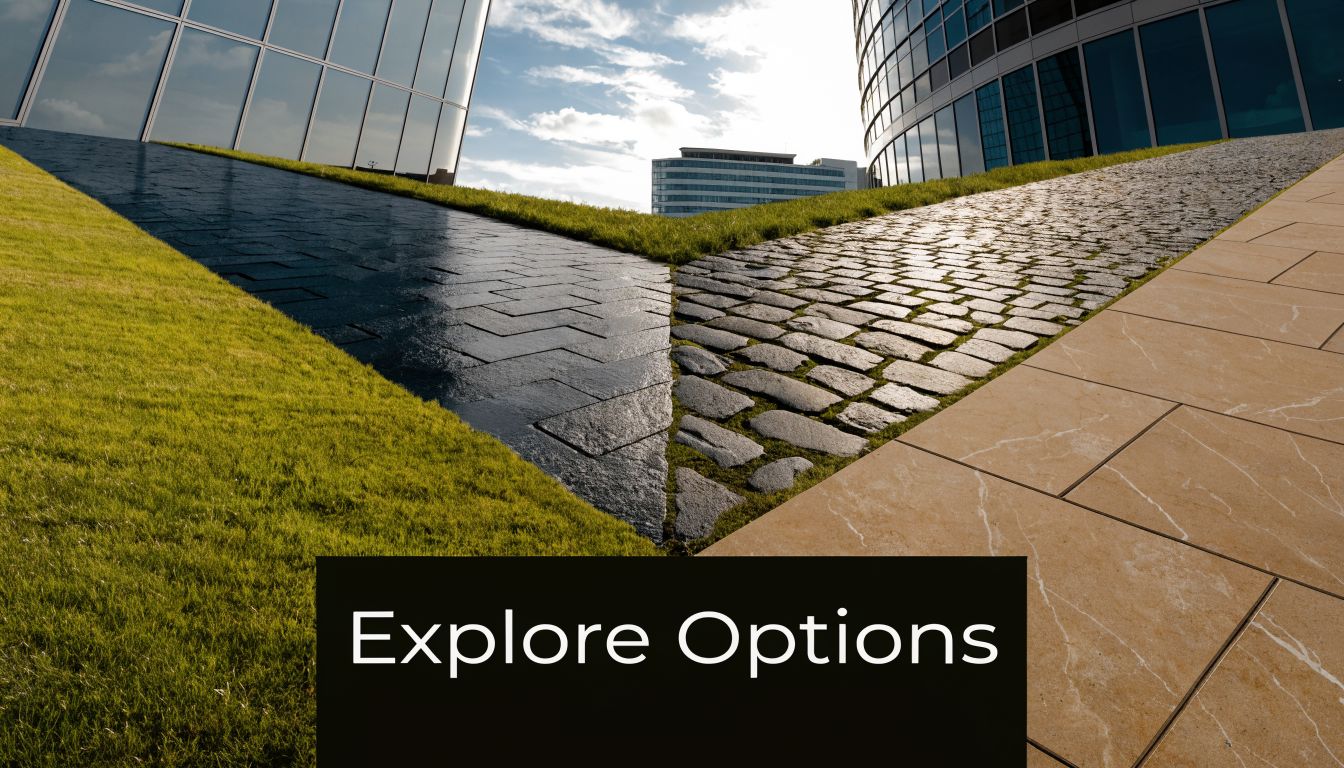 A modern architectural landscape featuring green grass, patterned stone paths, and glass buildings under a bright sky.