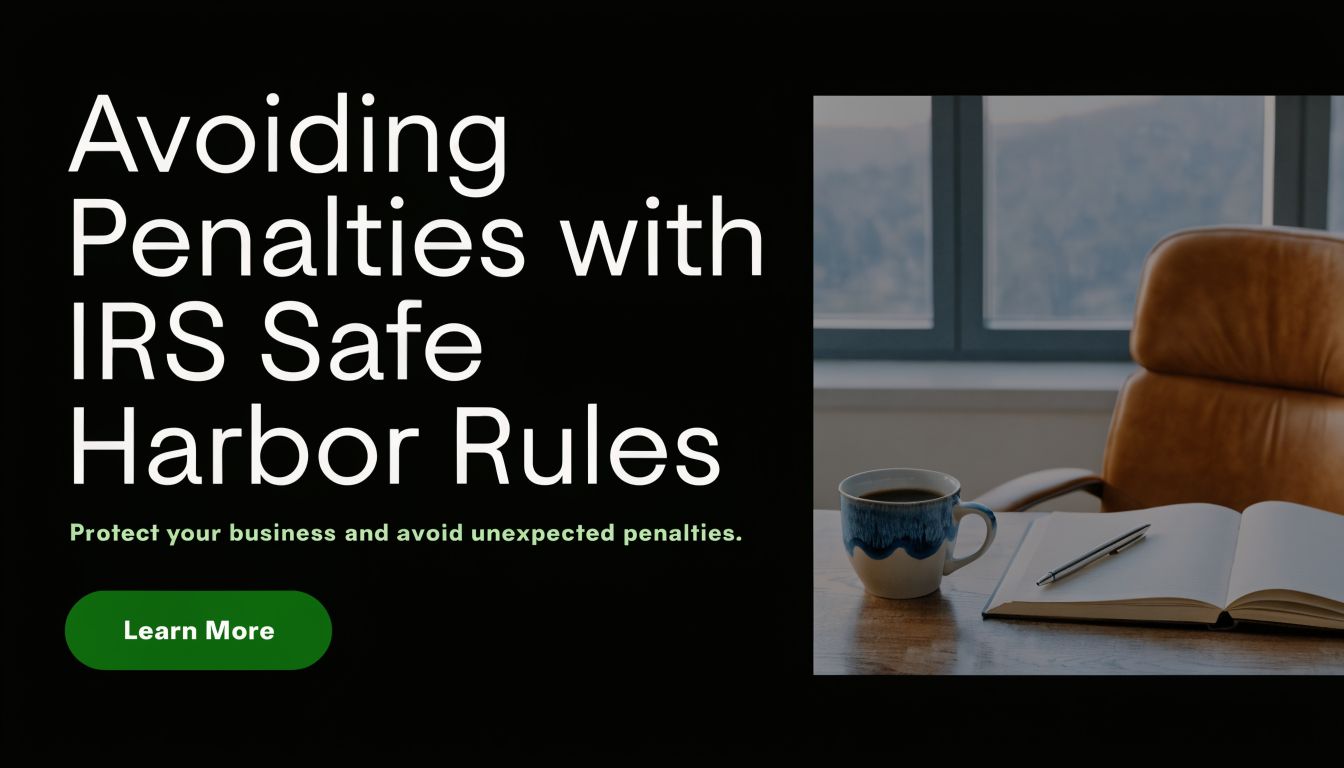 A professional desk with a coffee mug and notebook beside a window with a text overlay about tax compliance.