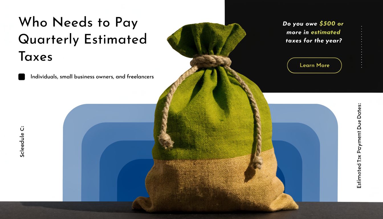 A green and brown money bag graphic explaining who needs to pay quarterly estimated taxes.