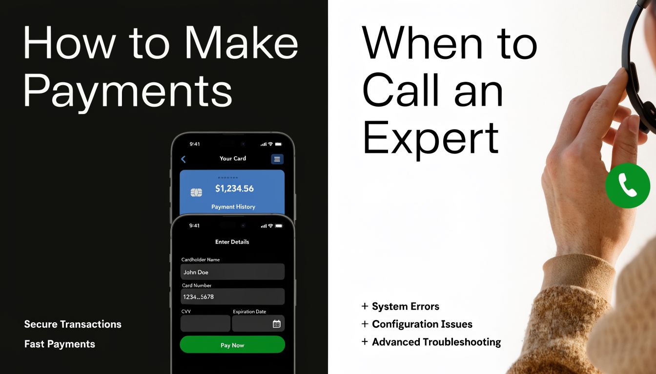 A split-screen graphic showing a payment app interface on the left and a customer support call on the right.