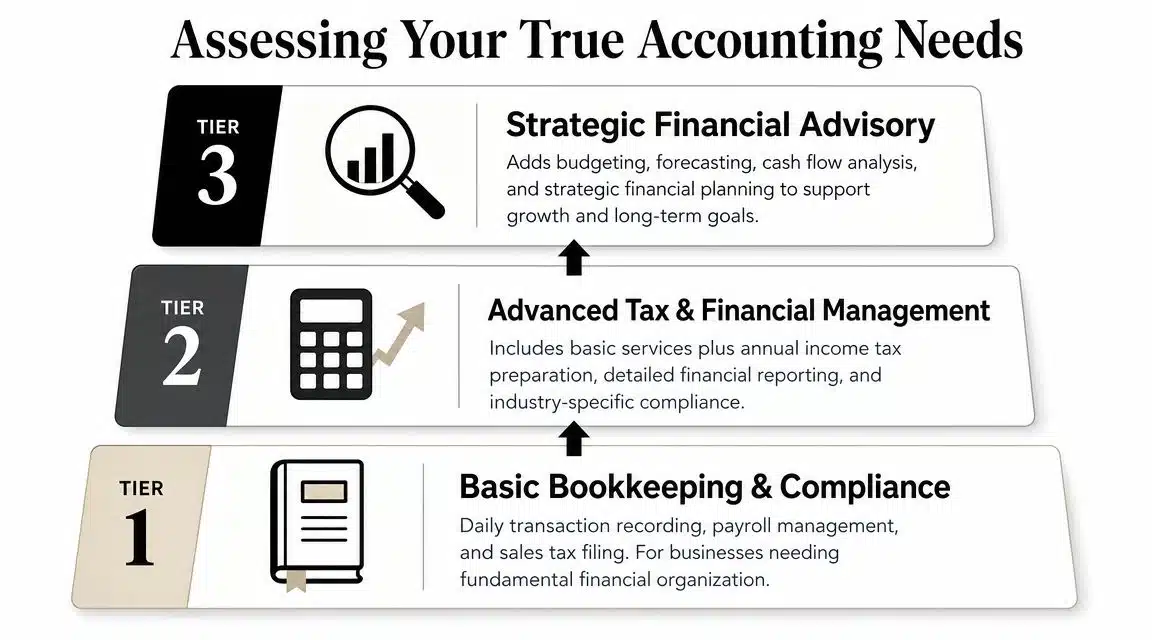 A hierarchical chart titled Assessing Your True Accounting Needs outlining three tiers of small business accounting services.