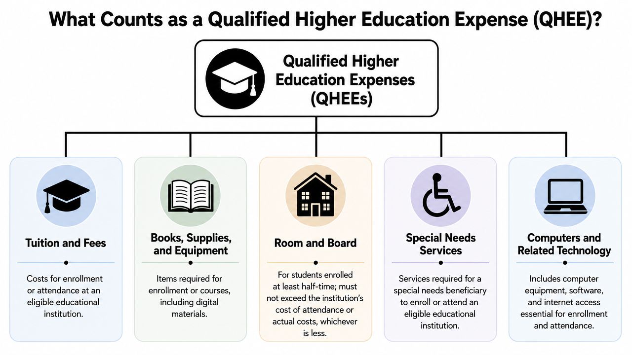 A diagram outlining the five main categories of qualified higher education expenses for 529 savings plans.
