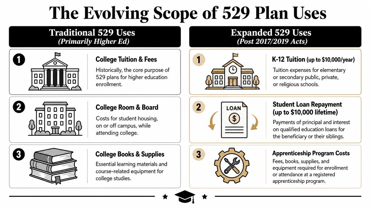 A diagram comparing traditional and expanded educational uses for 529 savings plans for families and students.