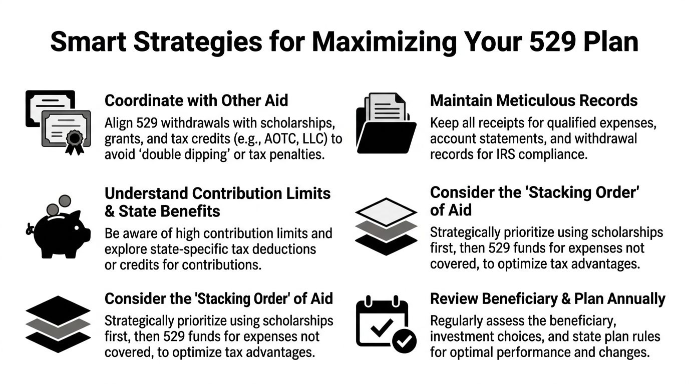 An infographic titled Smart Strategies for Maximizing Your 529 Plan with six actionable financial planning tips.