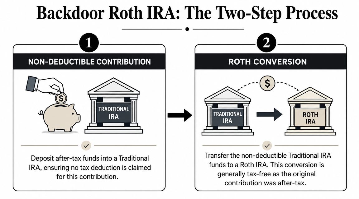 An infographic showing the two-step process of a Backdoor Roth IRA including contribution and conversion.