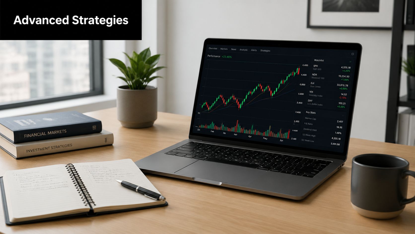 A laptop showing financial market charts and statistics next to financial books and a notebook on a desk.
