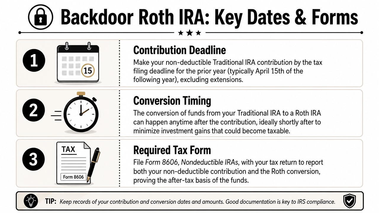 An infographic detailing the three essential steps for executing a Backdoor Roth IRA conversion process.