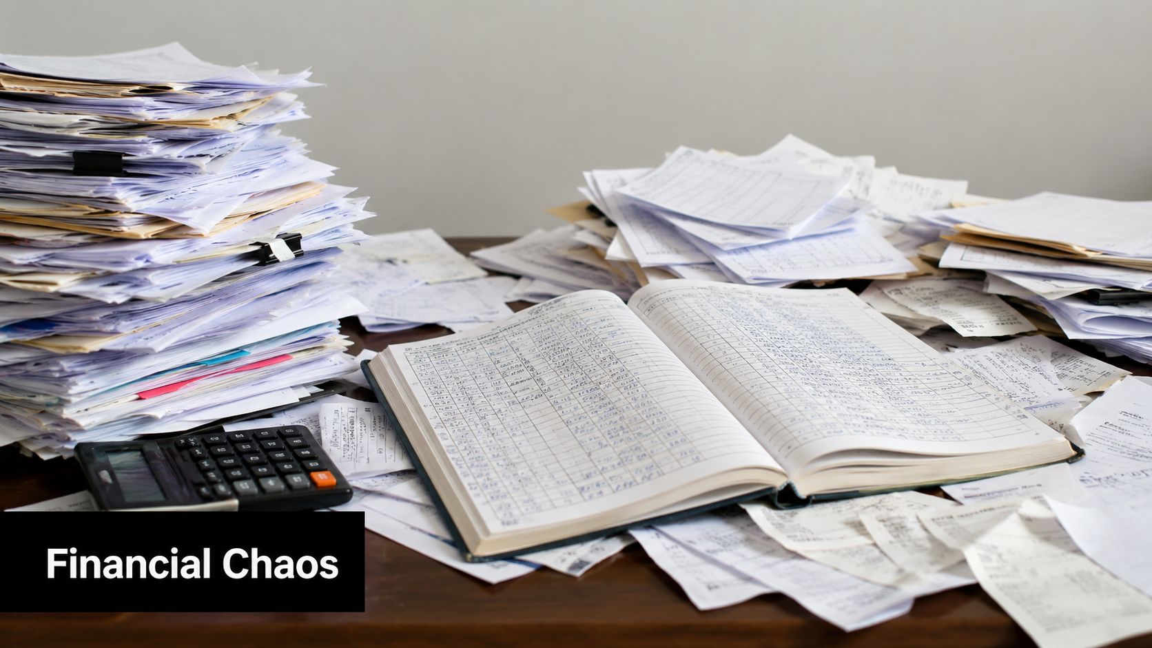 A cluttered desk filled with stacks of disorganized paper documents, a ledger, and a calculator representing financial chaos.