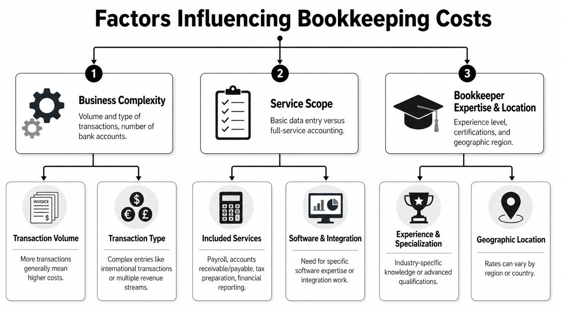An infographic showing three main factors that influence the cost of professional business bookkeeping services.