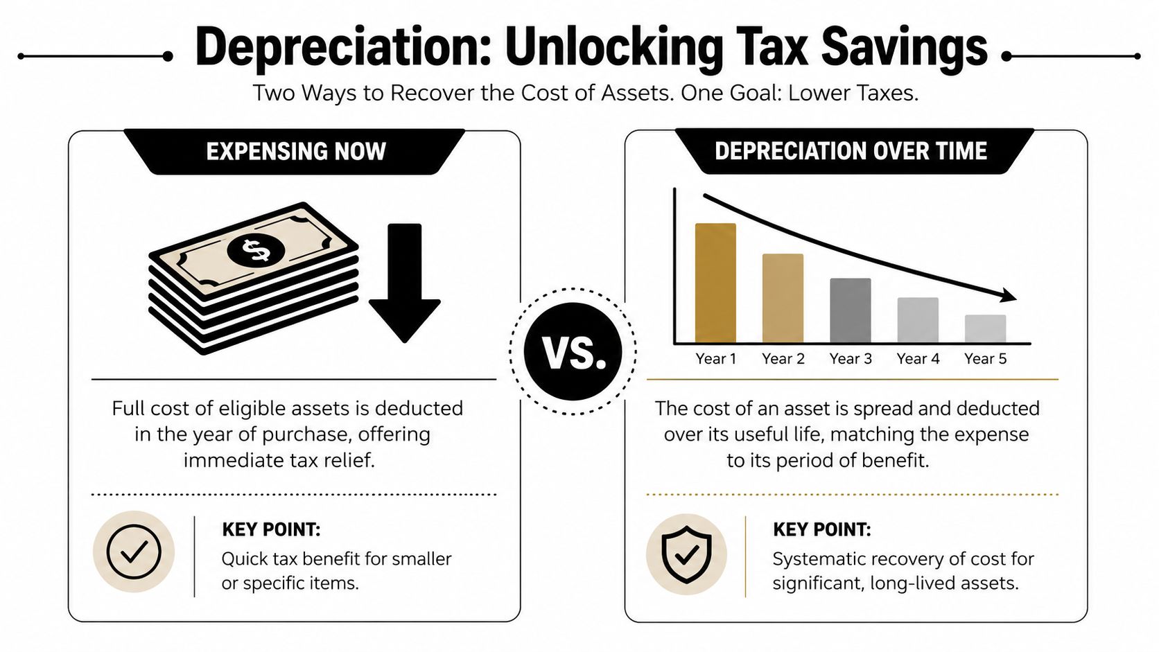 A comparison infographic showing the difference between expensing assets immediately versus depreciating them over time.