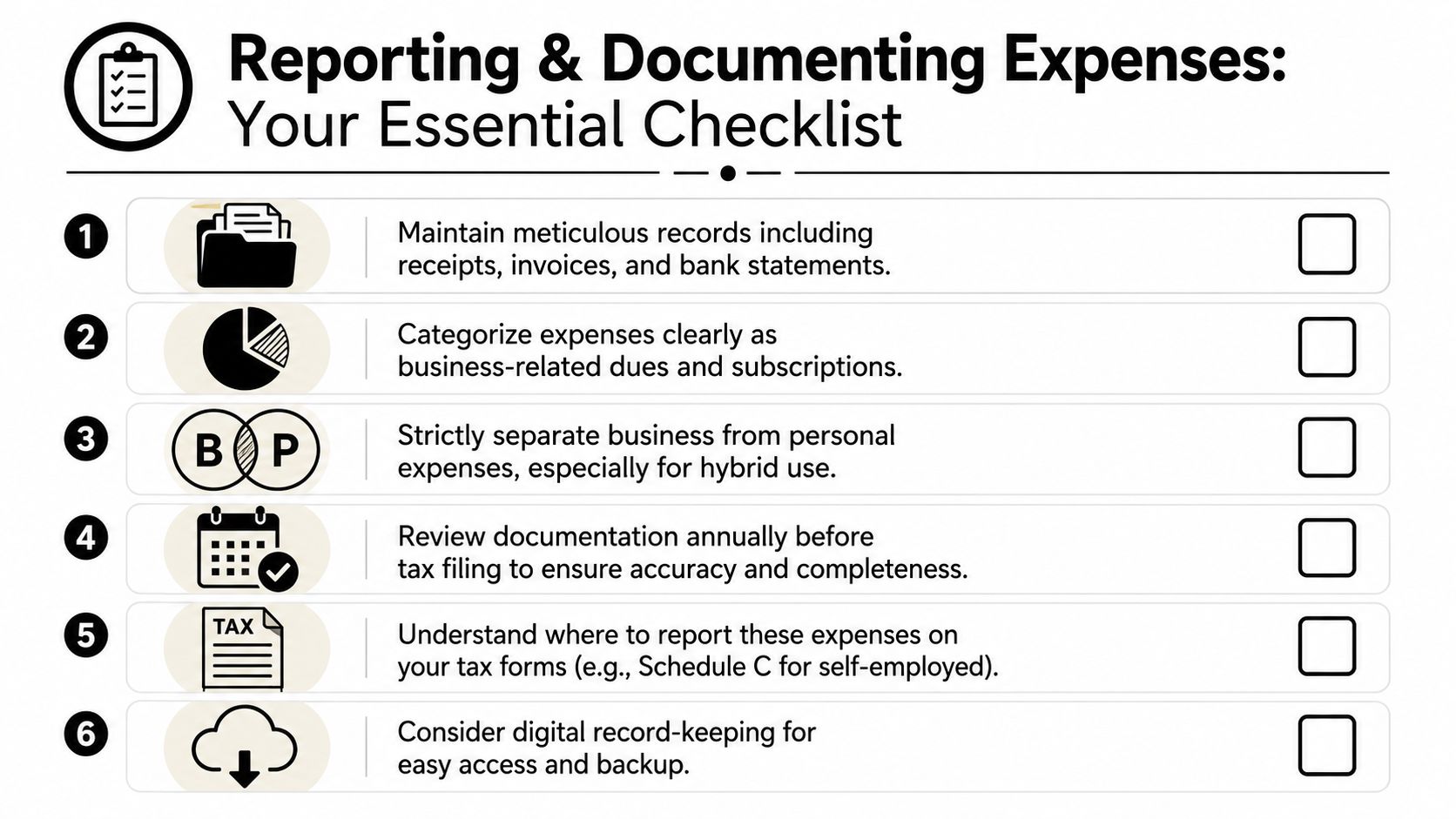 An essential checklist infographic for reporting and documenting business expenses, featuring six steps for record-keeping.