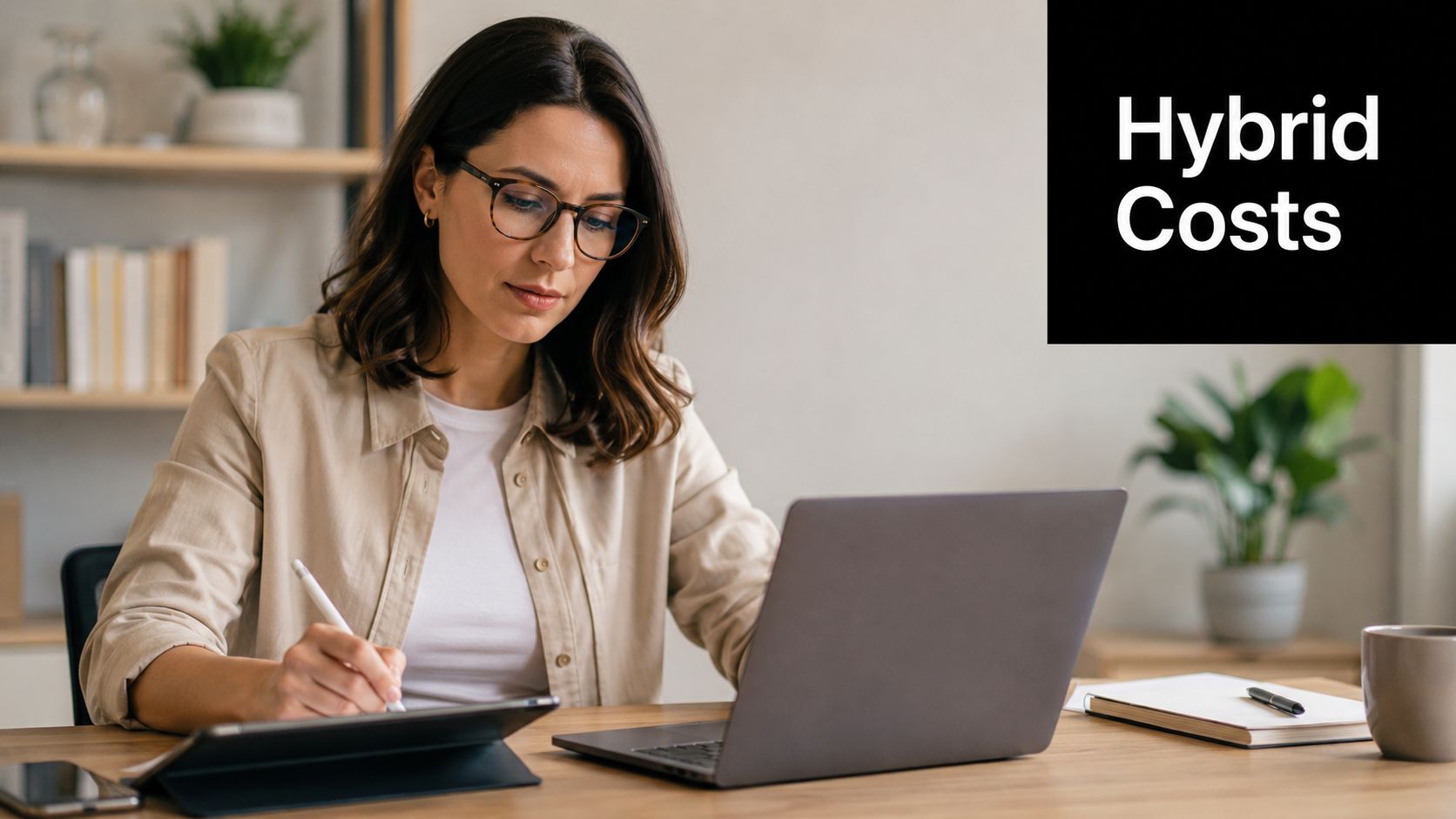 A professional woman in glasses working remotely on a laptop and tablet at a wooden desk.