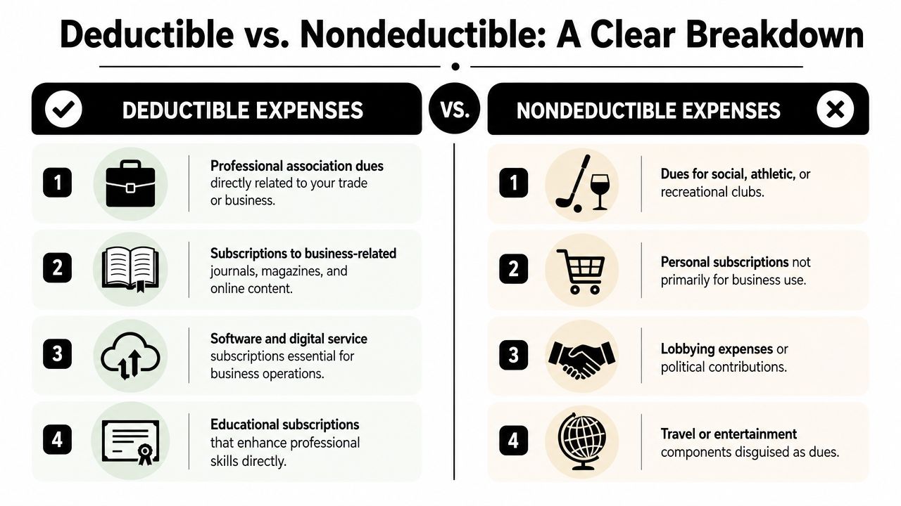 A comparison chart outlining business tax deductible versus nondeductible dues and subscription expenses for tax planning.