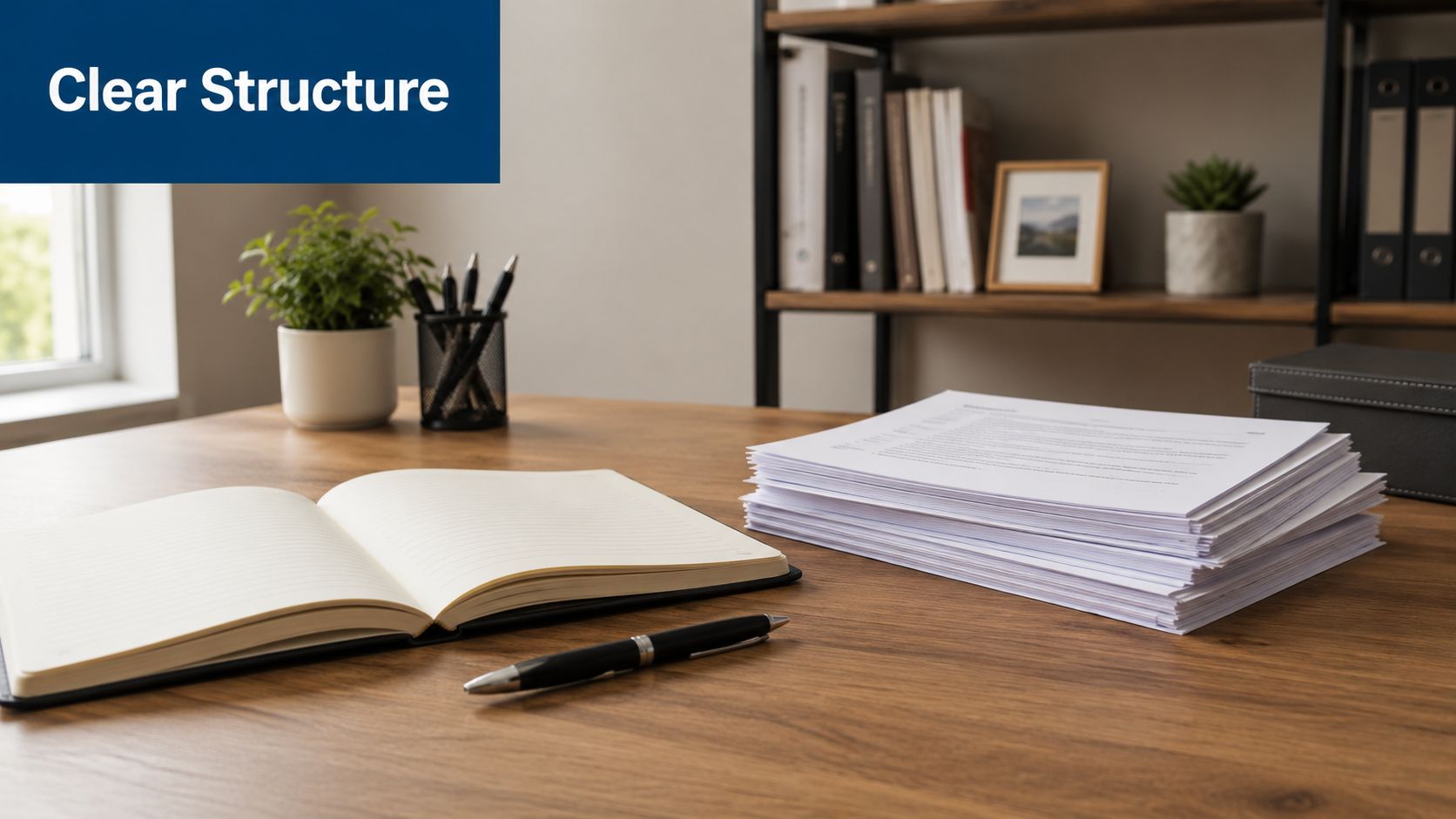 A tidy office desk with an open notebook, a pen, and a large stack of documents.