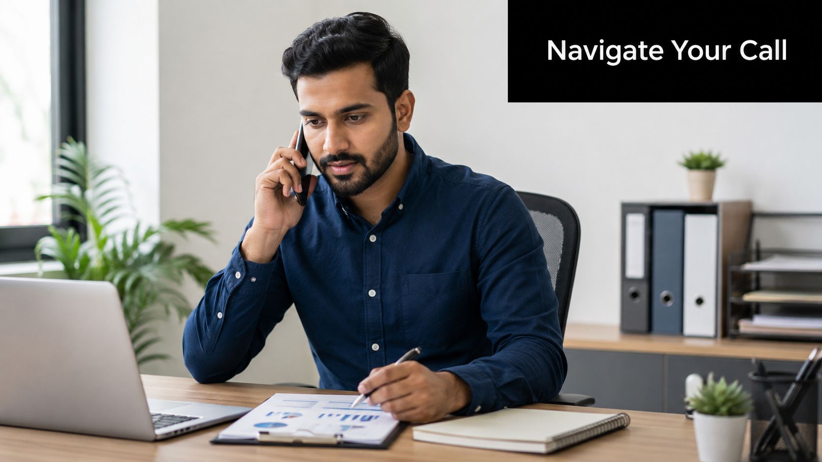 A professional man sitting at an office desk while talking on his mobile phone and reviewing documents.