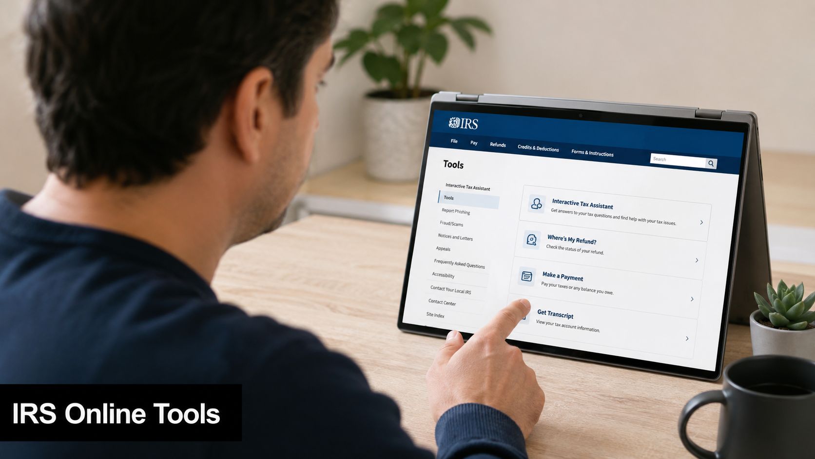 A person using a laptop to navigate the official IRS online website tools for tax assistance.
