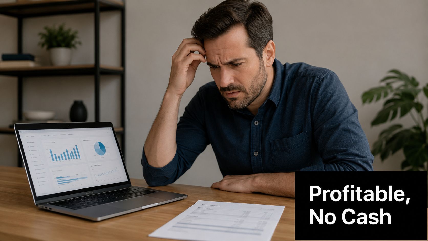 A concerned businessman looking at financial charts on his laptop while reviewing documents at a desk.
