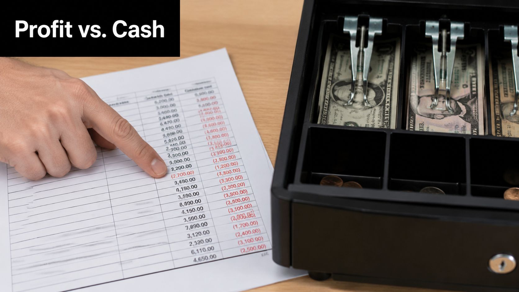 A hand pointing to a profit and loss spreadsheet document next to an open cash register.