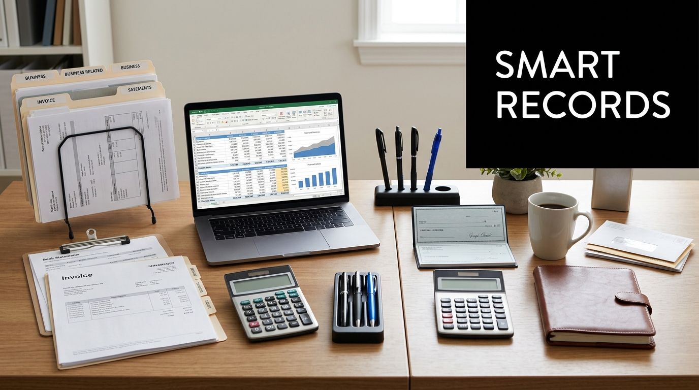 A professional office desk with a laptop, calculator, financial documents, and invoices for online business tax management.