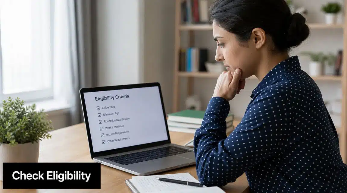 A young woman thoughtfully reviews a laptop screen displaying a checklist of various eligibility requirements.