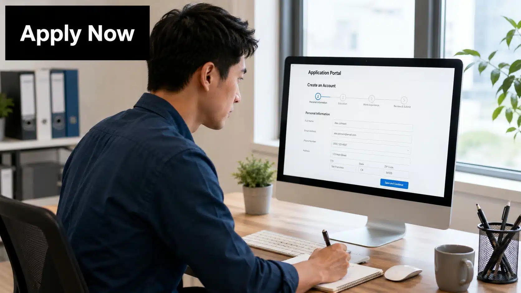 A young man sitting at a desk and filling out an online job application form on a computer.