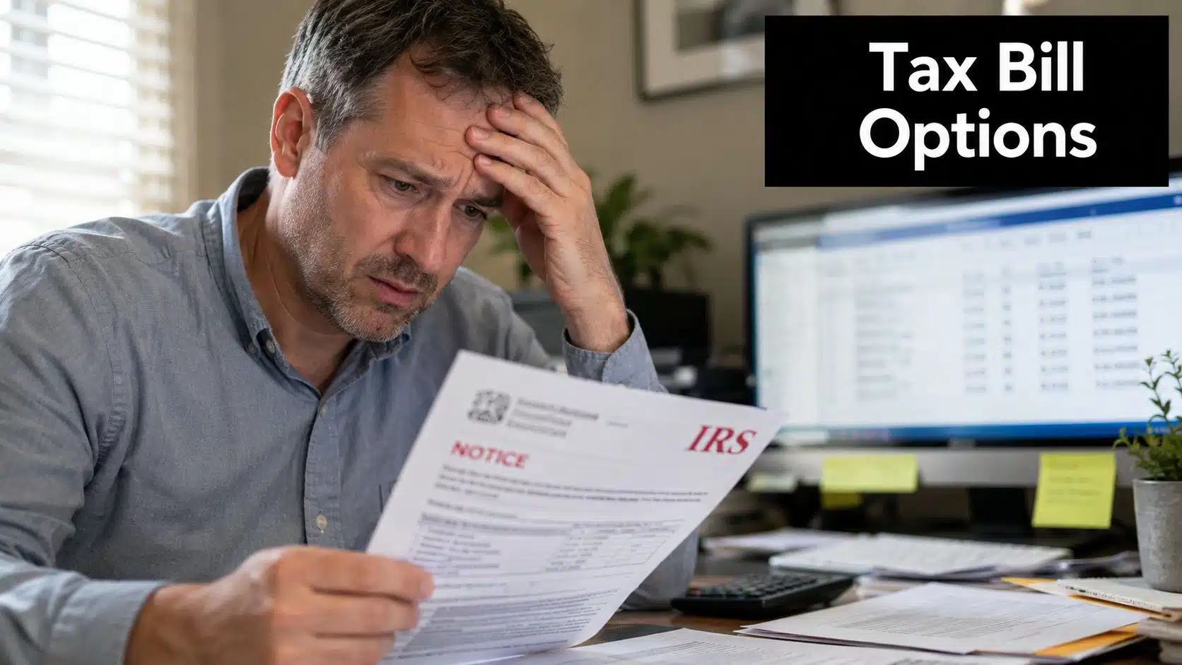 A stressed man looking at an IRS tax notice while working at his desk with a computer.