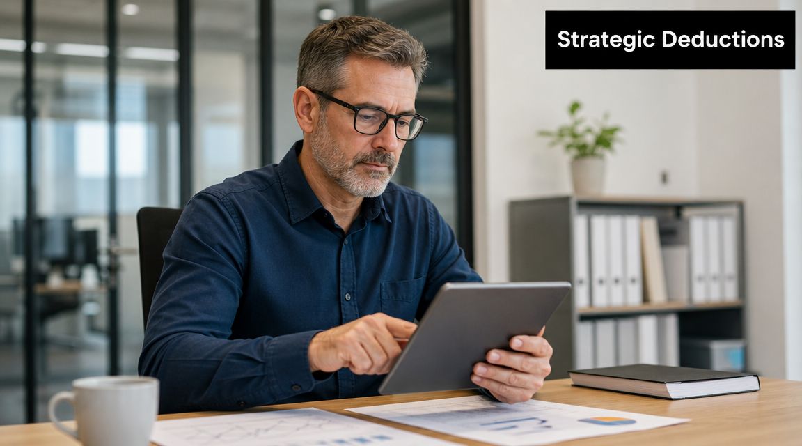 A professional man with glasses working on a digital tablet at his office desk with documents.