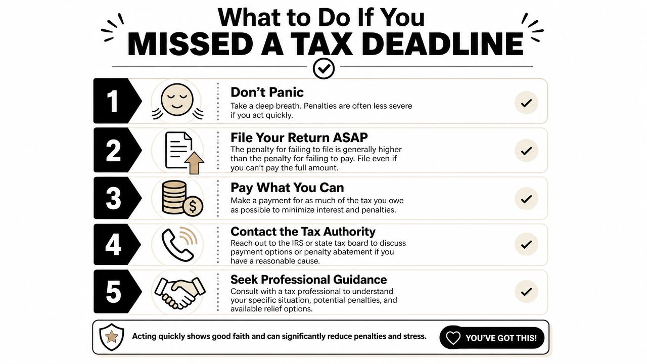 An infographic titled What to Do If You Missed a Tax Deadline with five actionable steps.