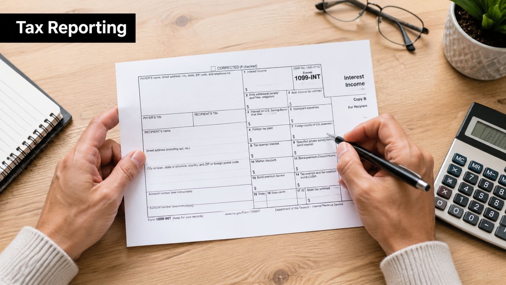 A person filling out an IRS Form 1099-INT for reporting interest income on a wooden desk.