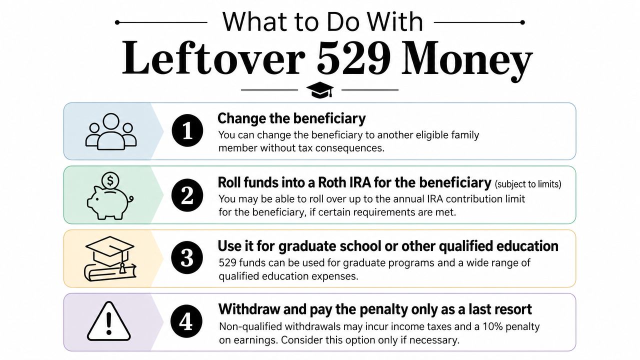 A list of four options for managing leftover money in a 529 college savings account.