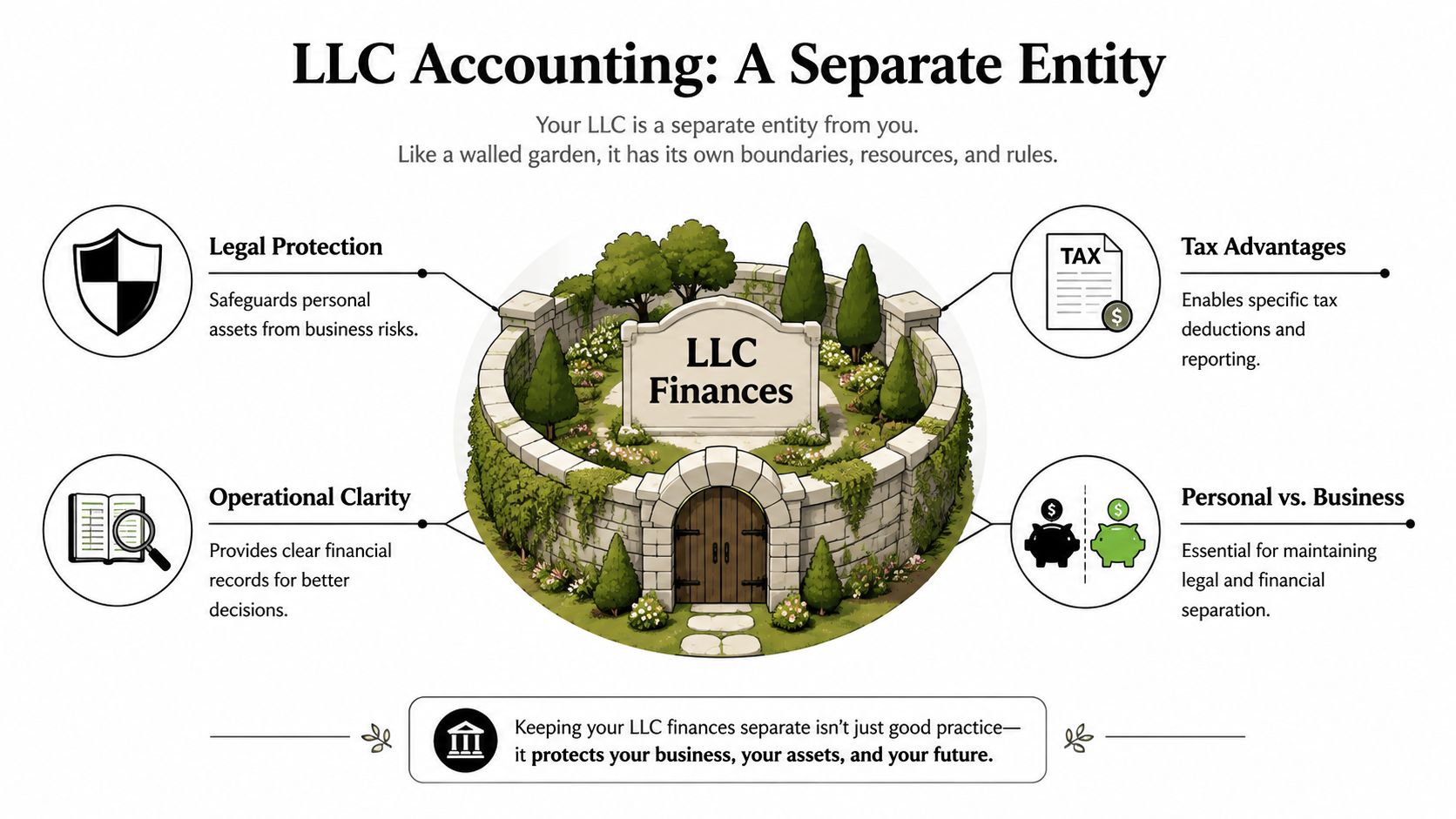 An infographic titled LLC Accounting showing a walled garden representing the separation of personal and business finances.