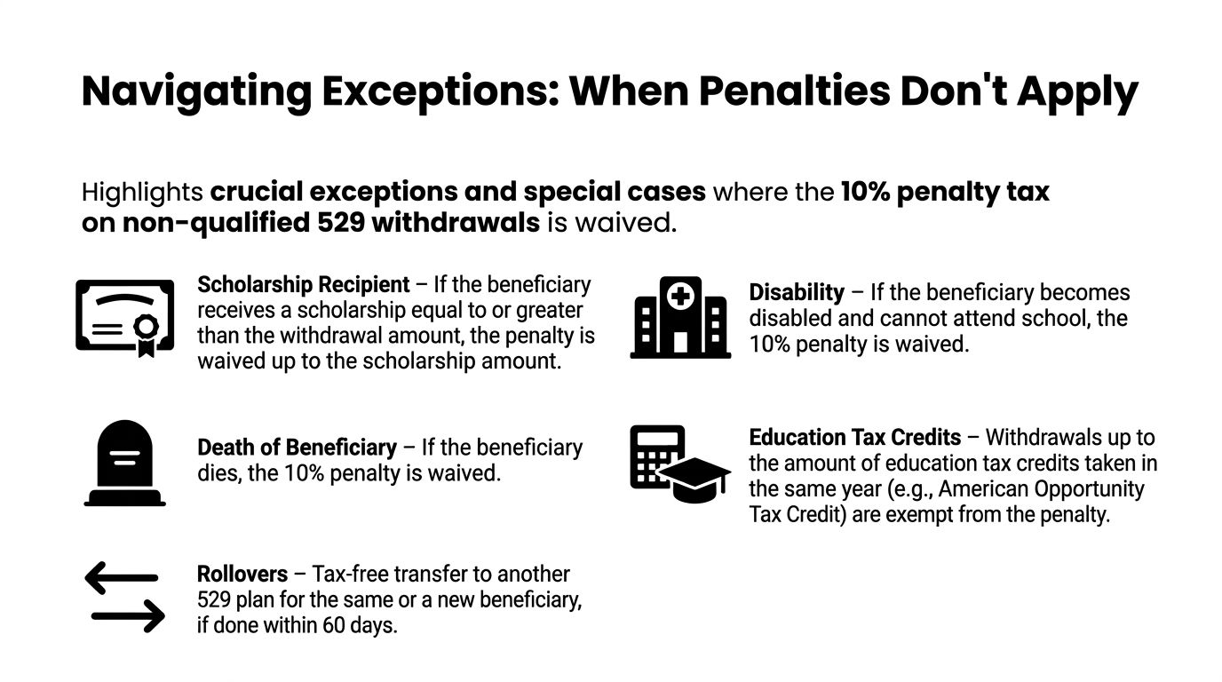 A list of five exceptions where the 10 percent penalty on non-qualified 529 plan withdrawals is waived.