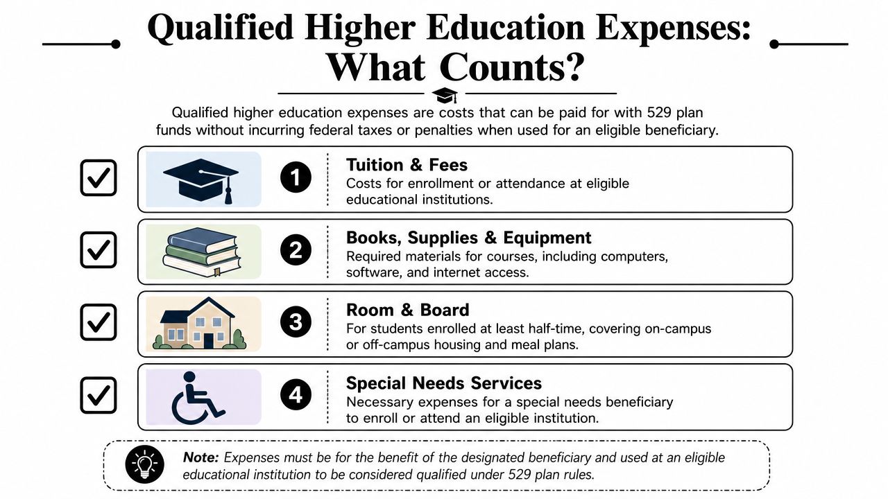 An infographic detailing qualified higher education expenses that can be paid using 529 plan funds tax-free.