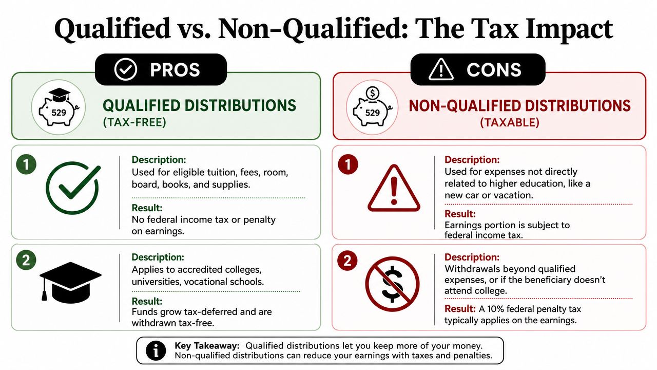 A comparison chart explaining the tax impact of qualified versus non-qualified 529 plan education distributions.