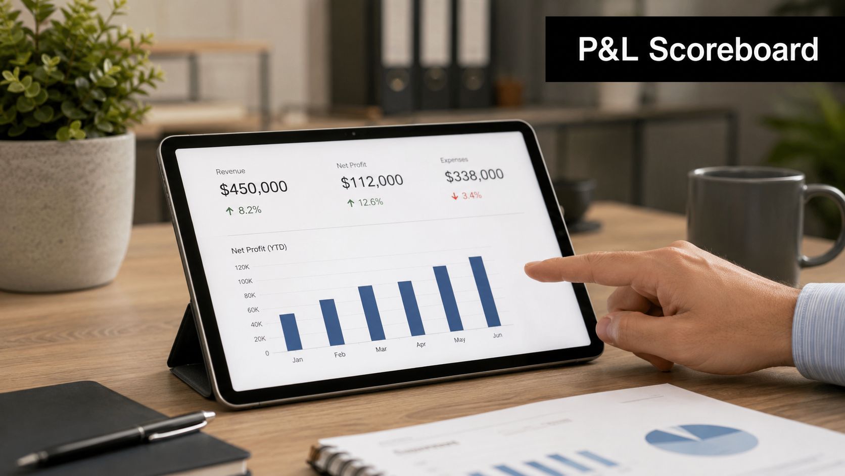 A professional analyzing a digital profit and loss scoreboard chart on a tablet screen at a desk.