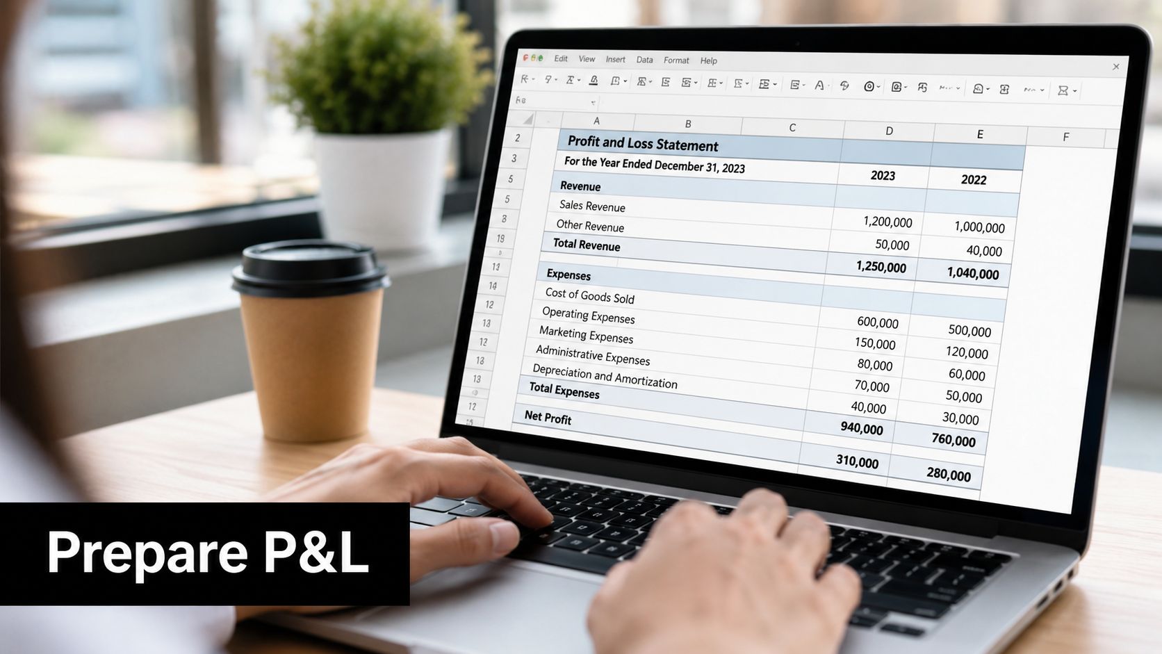 A person working on a laptop displaying a Profit and Loss Statement spreadsheet on the screen.