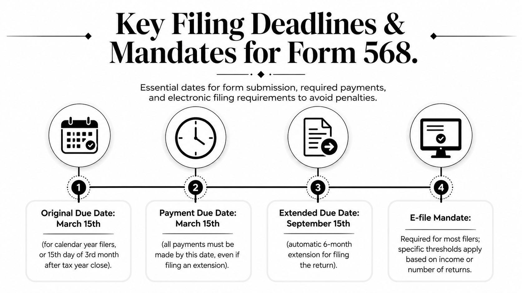 A timeline graphic outlining key filing deadlines and e-file mandates for California Form 568 tax returns.