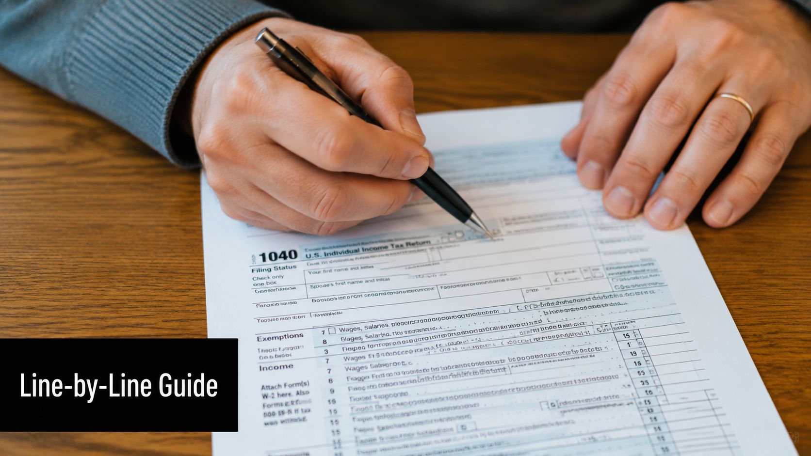 A person holding a pen over a U.S. individual income tax return form while sitting at a desk.